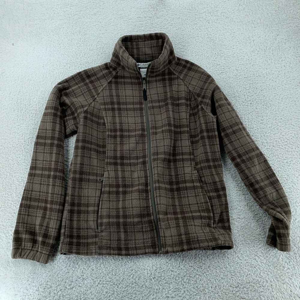 Columbia Fleece Jacket Womens XL Brown Plaid Full Zip Mock Neck Hiking Outdoors